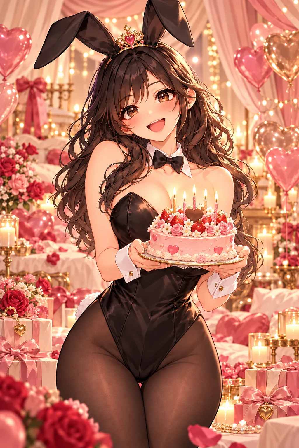バースデーケーキを持つ、うさぎの衣装のゆみのイラスト