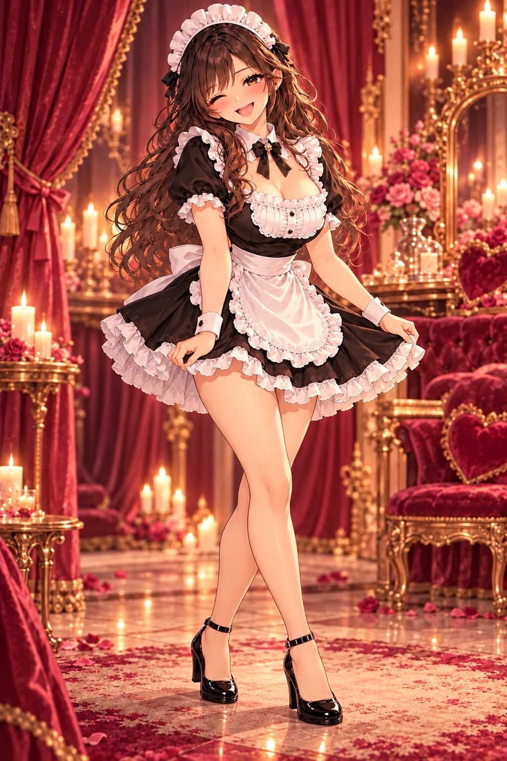 全身のメイド衣装で、ウィンクしながらおじぎをする大人のゆみのイラスト